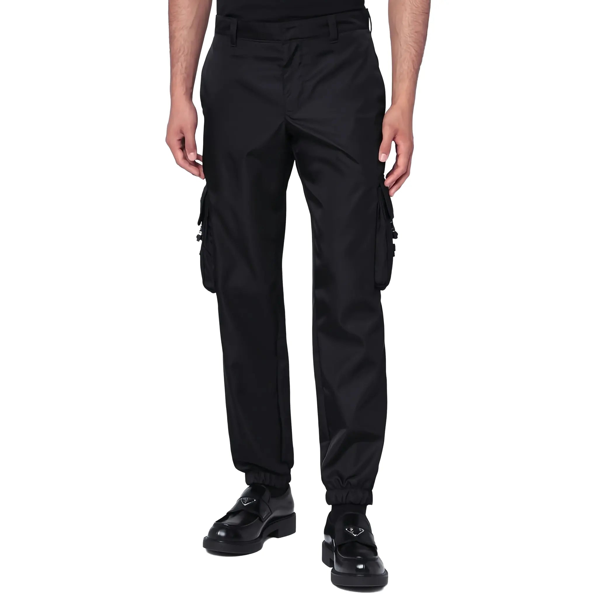 Front View of Prada Nylon Cuffed Straight Leg Black Cargo Pants SPH130S2111WQ8